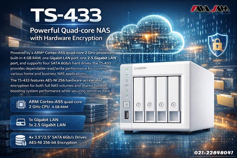 ذخیره‌ساز QNAP TS-433 انتخابی مطمئن برای خانه و کسب‌وکار 🚀<br/>مجهز به پردازنده ARM® Cortex-A55 چهار هسته‌ای 2GHz، حافظه داخلی 4GB RAM و ترکیب پورت‌ digital-appliances computer computer
