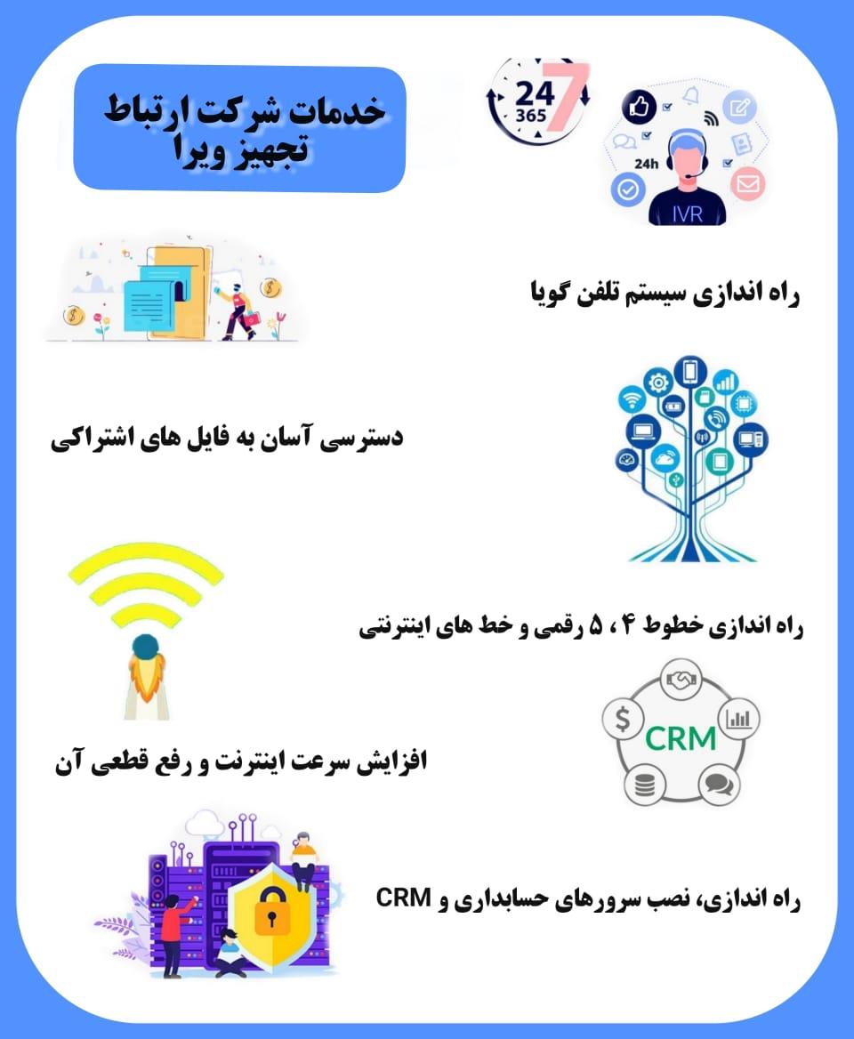 <br/>با سلام<br/>شرکت ویرا<br/>زمینه فعالیت های ما:<br/>1_ راه اندازی شبکه و امنیت شبکه (ایجاد فایل share، پسیو، پرینتر و...)<br/>2_ ارتباط سرورهای حسابداری ، CRM با سیست services hardware-network hardware-network