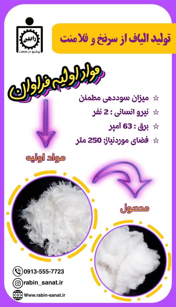 راه اندازی خط تولید الیاف از فلامنت و سر نخ  <br/>پر فروش ترین الیاف بازار<br/>دارای حاشیه سود مطمئن<br/>تامین مواد اولیه به آسانی و بسیار زیاد <br/>پیشنهاد بسیار ویژ industry textile-loom textile-loom